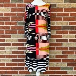 Ivanka Trump Belted White Black Multicolor Print Half Sleeve Shift Dress 👗